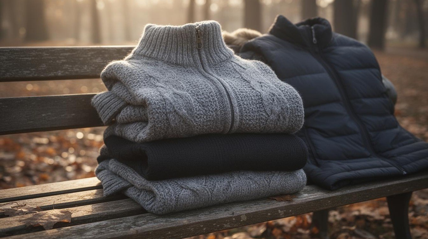 Three layers of winter clothing laid out on a wooden bench