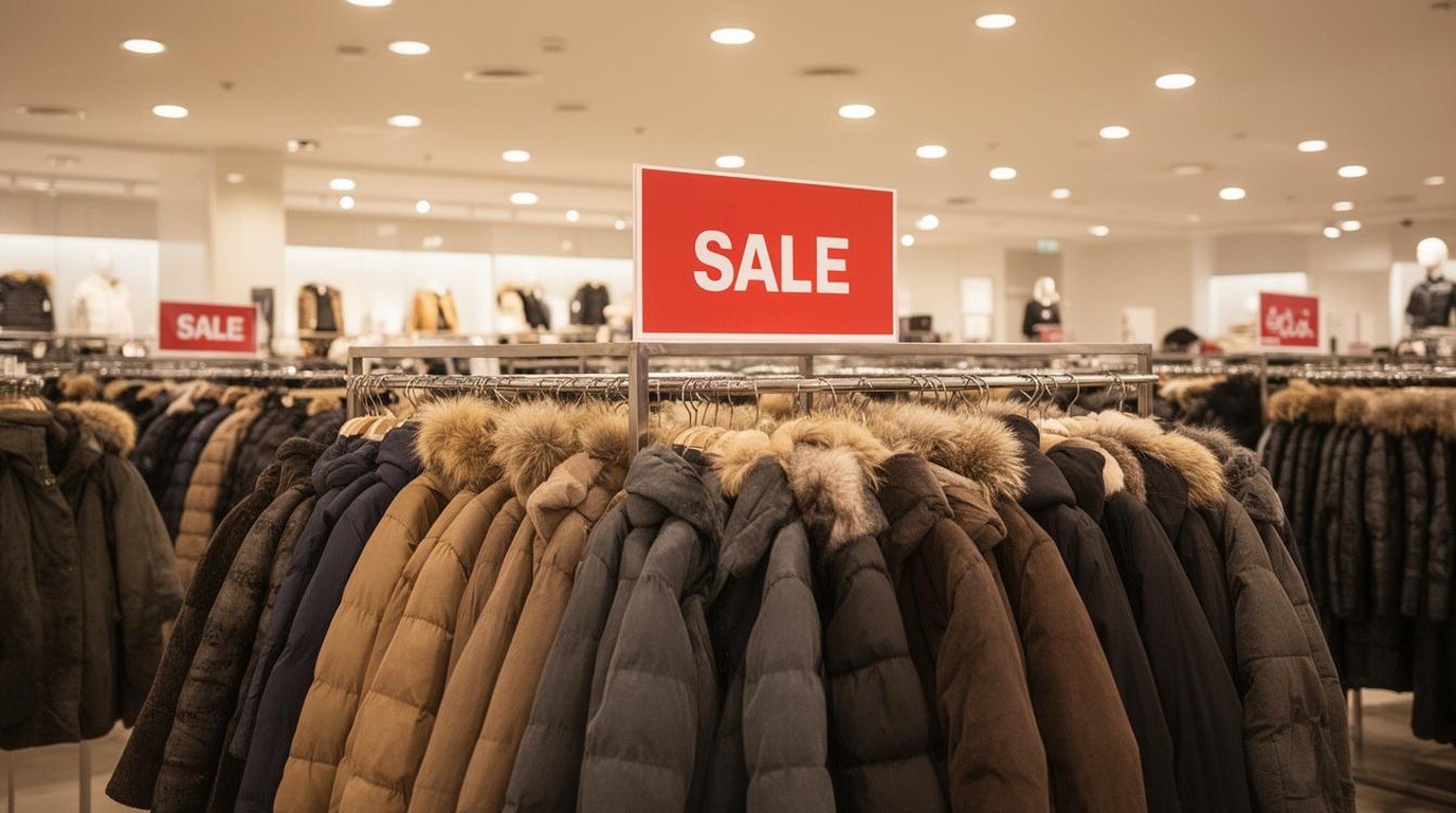 A sale sign above a rack of winter coats in a bright store